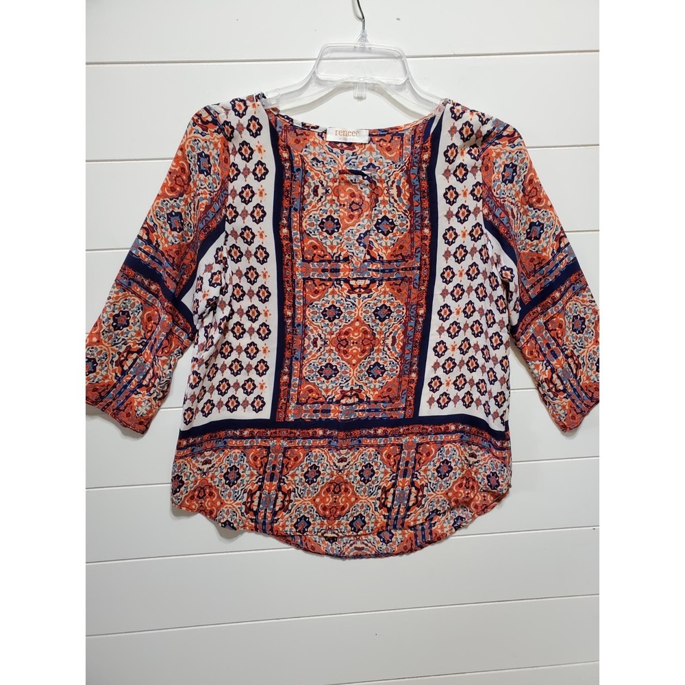 Renee C womens size S 3/4 sleeve orange blue cream blouse lightweight beachy